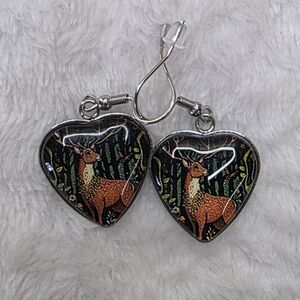 Heart-Shaped Deer Elk Earrings - Black and Green Stainless Steel